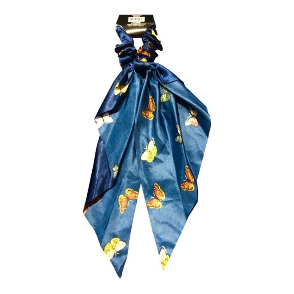 4 Butterfly print satin look black, pink, blue‎ ivory hair scrunchie scarves new